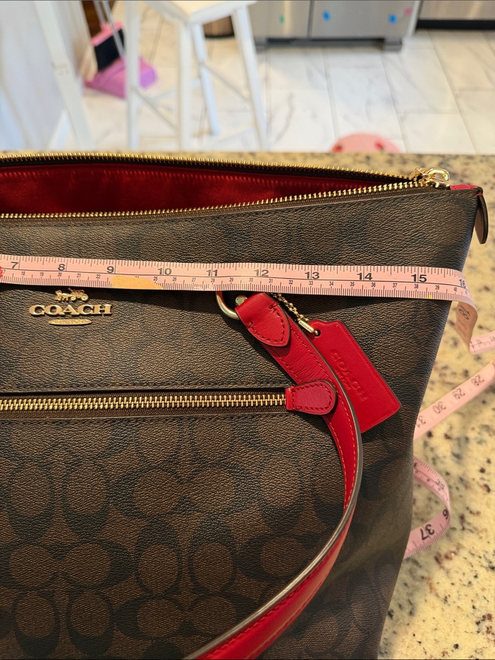COACH Signature Tote with Red Leather Trim - Picture 7 of 16